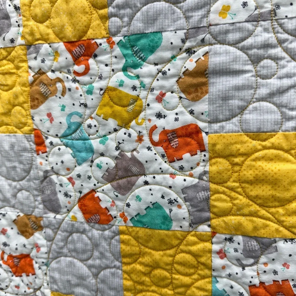 Handmade Elephant Print Baby Crib Quilt‎ Yellow Orange 29.5 x 41.5 Embroidered